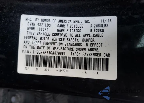 2016 Honda Accord Ex from USA, damaged, VIN 1HGCR2F75GA078895